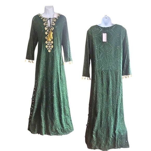 NWT HEMANT & NANDITA Viridian Aari Zardozi Metallic Embroidered Tassel Caftan L - Picture 5 of 10
